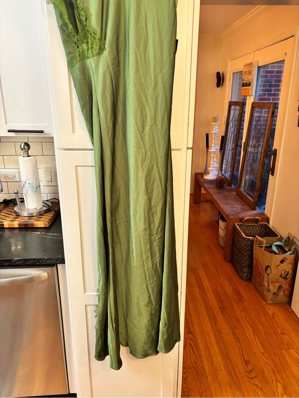new Ever New Kody Satin Lace Asymmetric Dress maxi gown in olive green - Picture 9 of 12